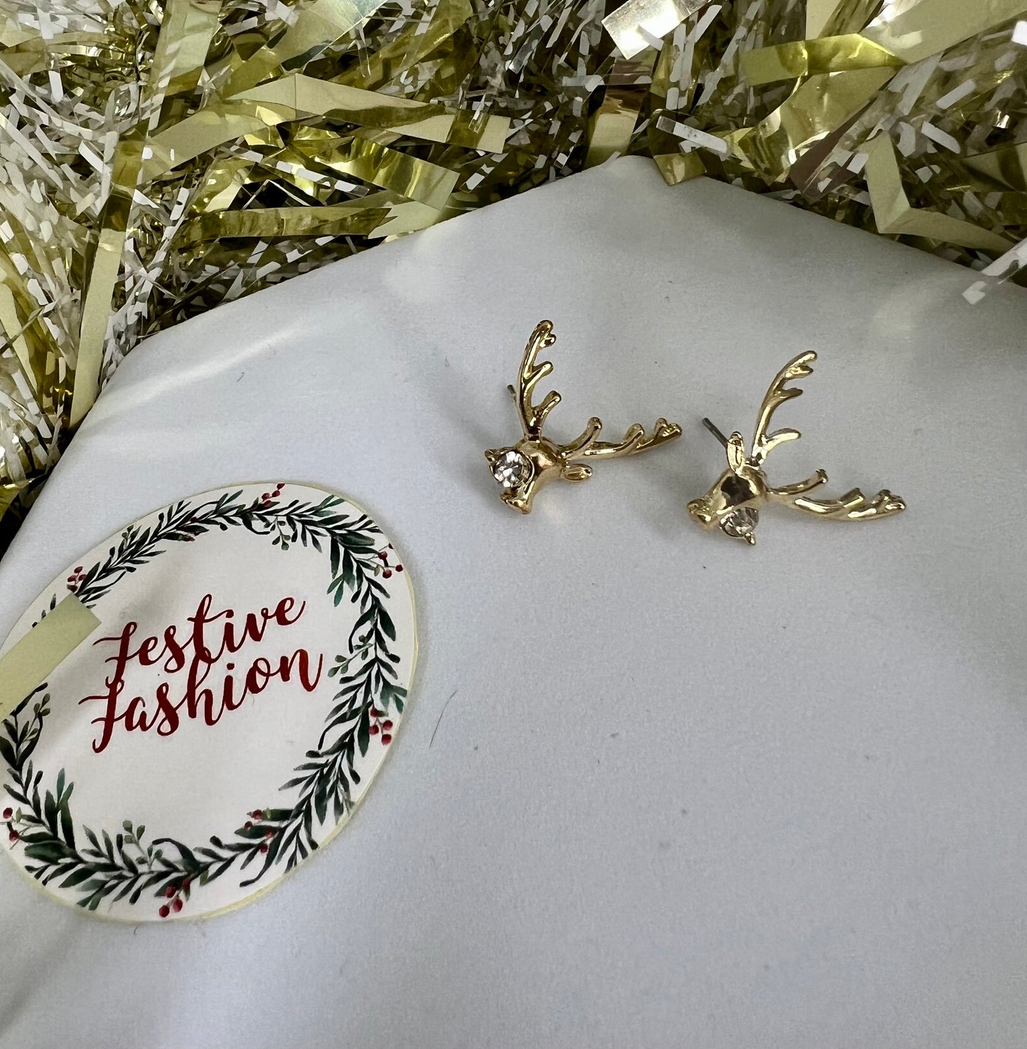 Gold & Diamanté Reindeer / Stag Stud Earrings