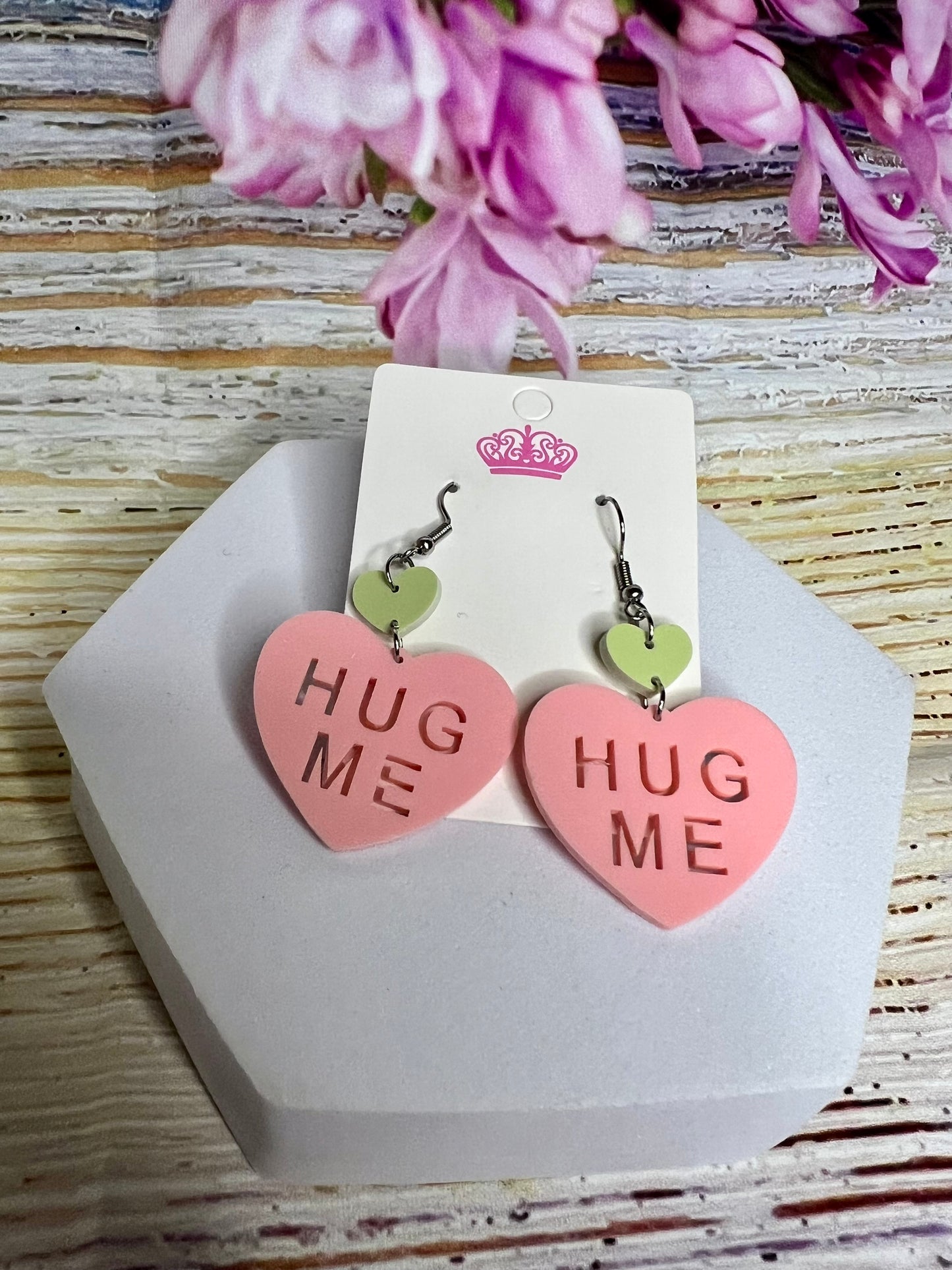 Acrylic Heart Earrings ‘Hug Me’ or ‘Kiss Me’