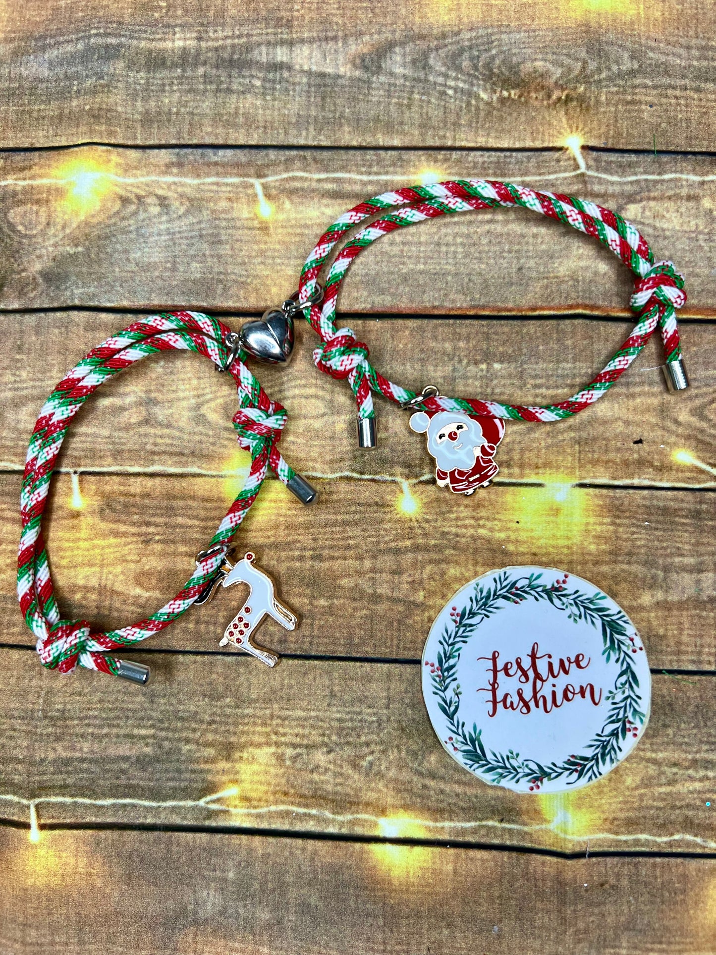Set of 2 Cord Friendship Bracelets with Christmas Charms (assorted designs)