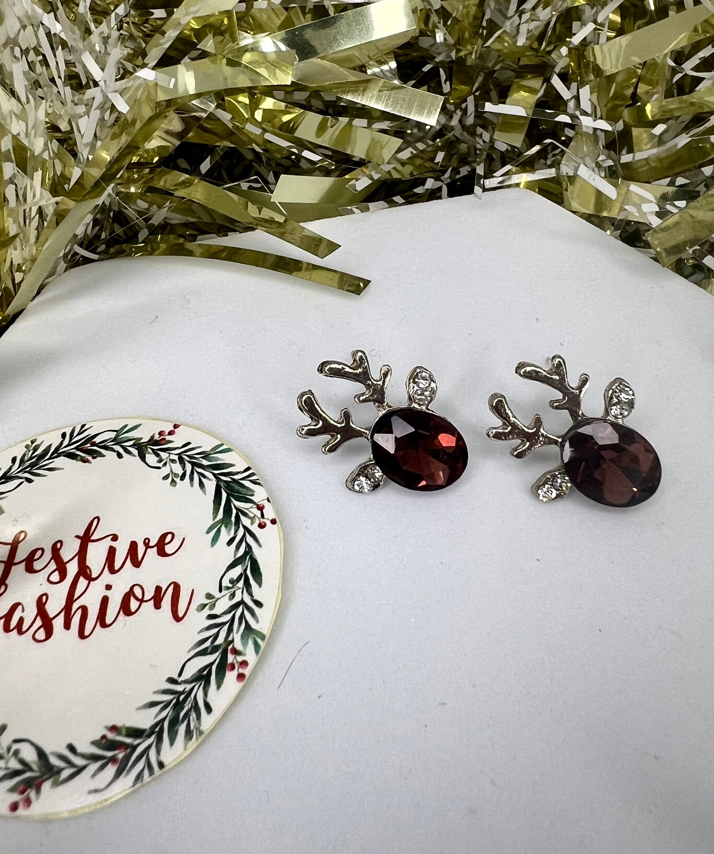 Reindeer Stud Earrings with Coloured Crystals (assorted colours)