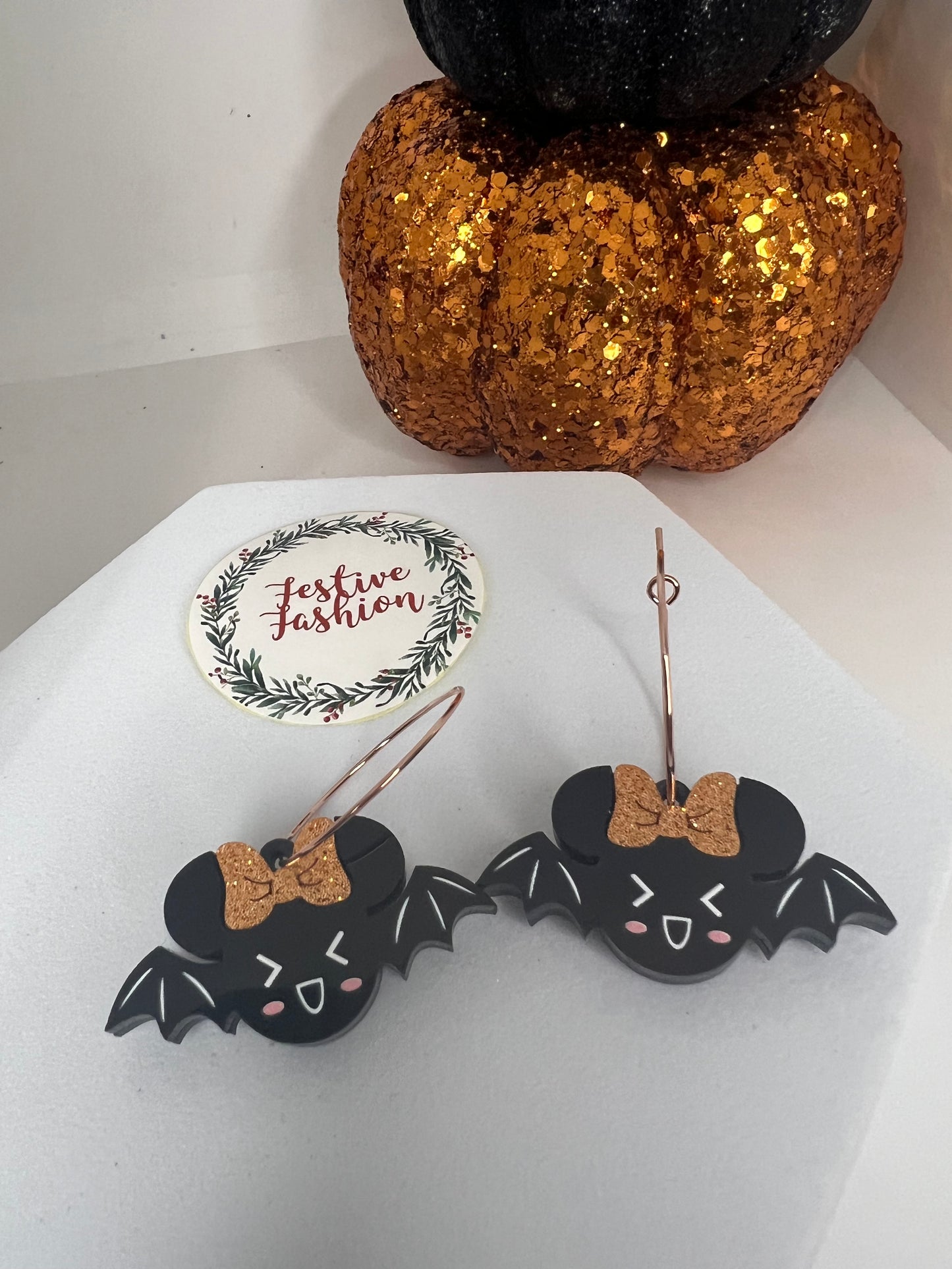 Halloween Bat Earrings with Orange Bow