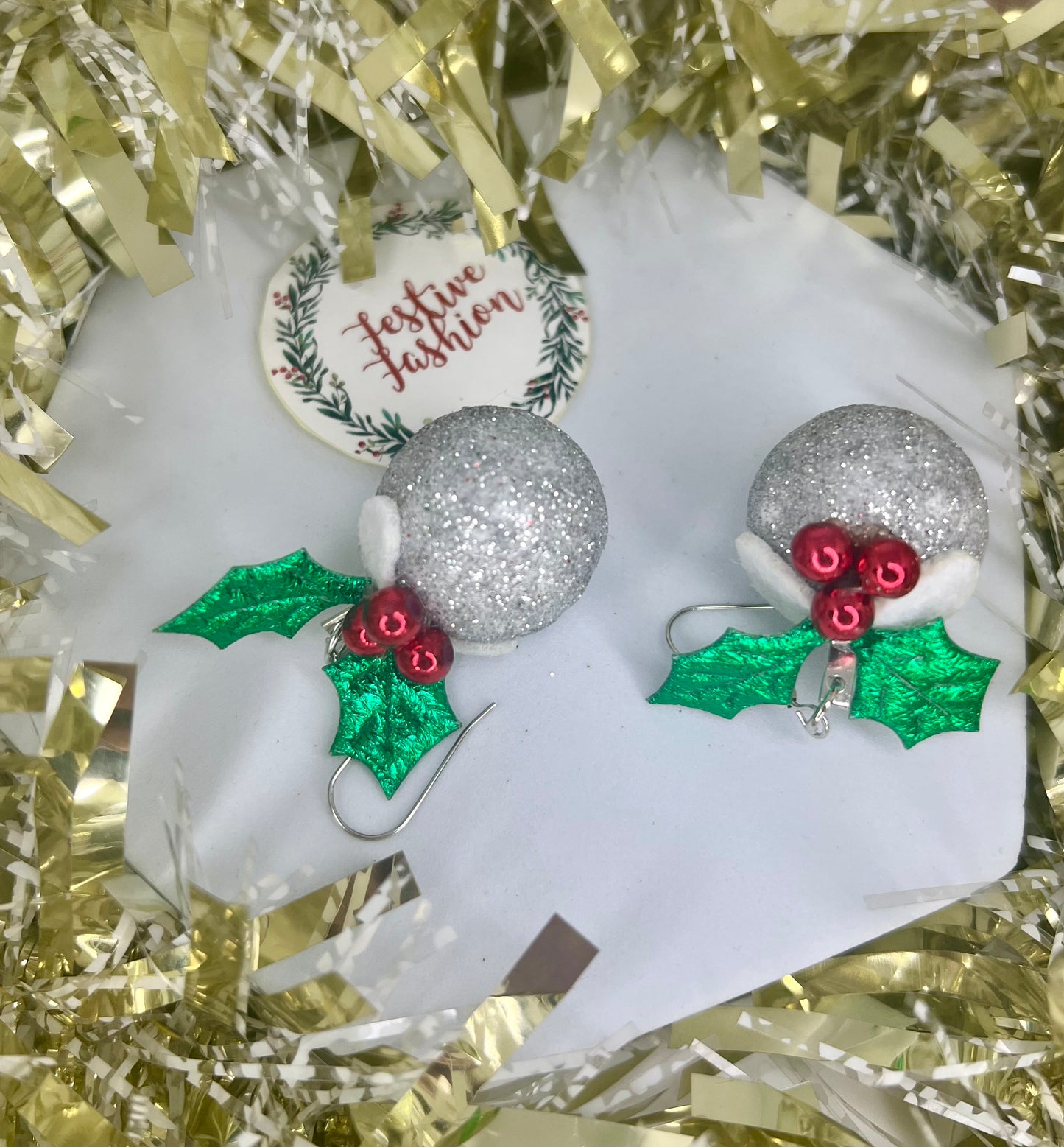 Glitter Bauble Earrings with Holly – Christmas Pudding Design - Assorted Colours