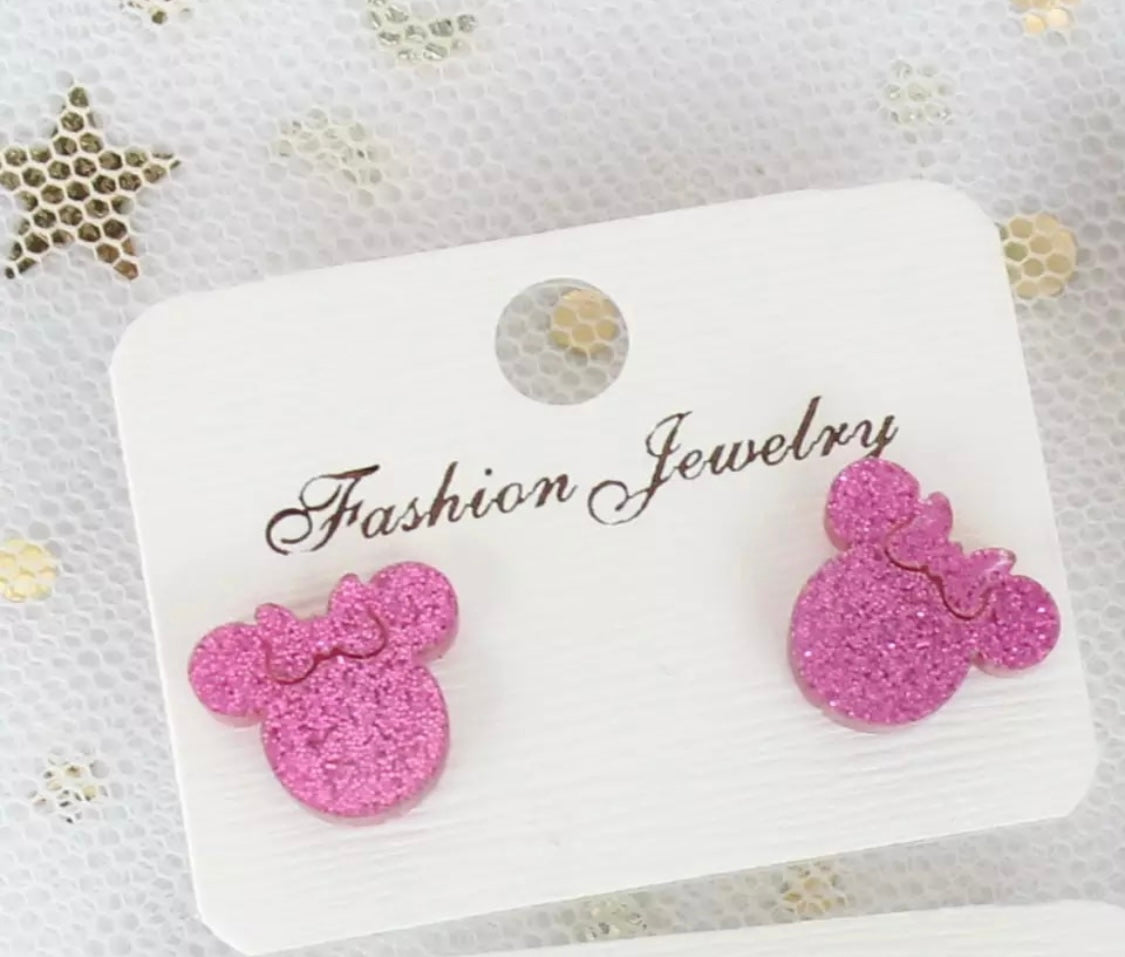 Pink Glittery Bow Stud Earrings