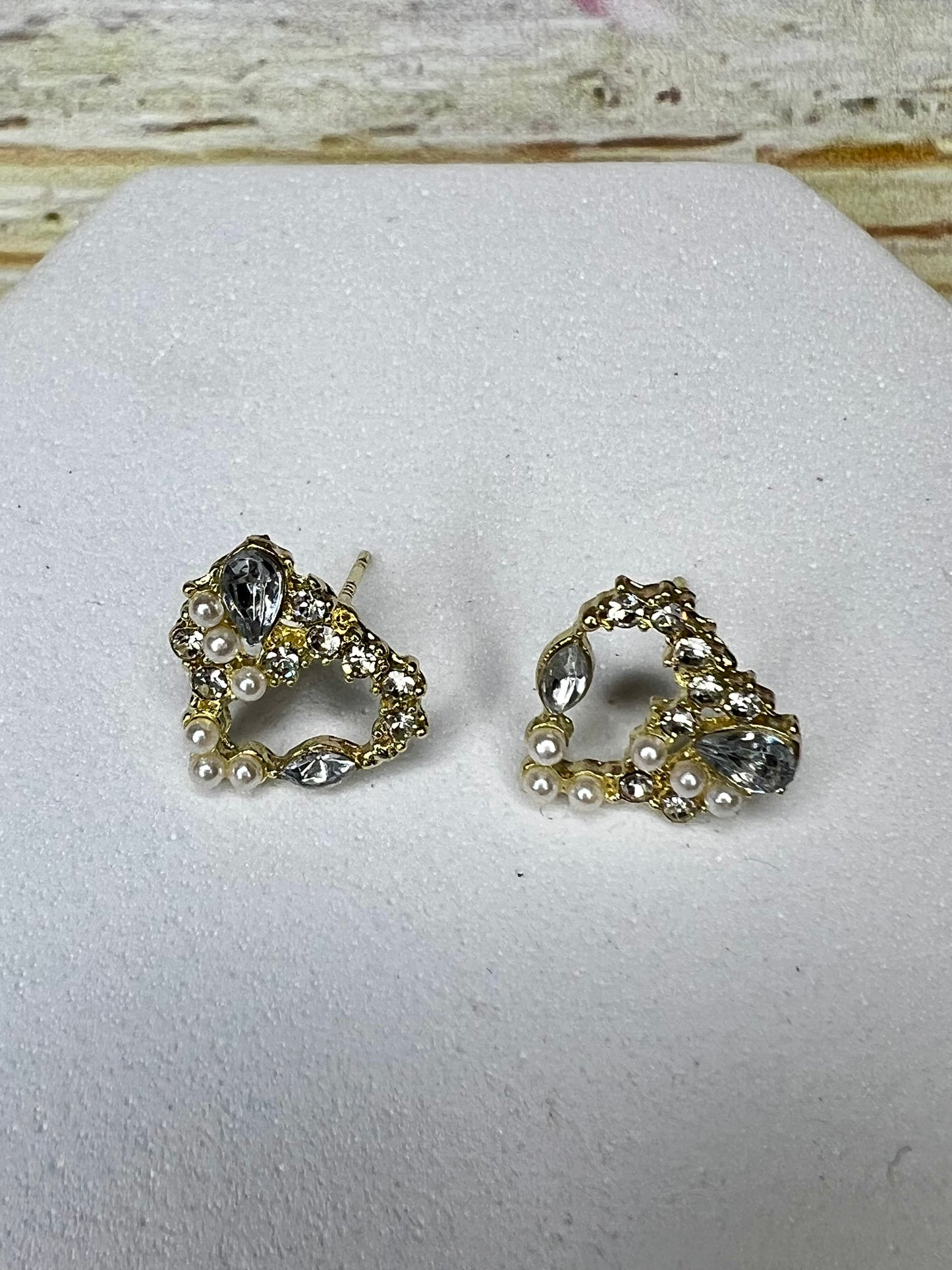 Dainty Pearl & Diamanté Heart Stud Earrings