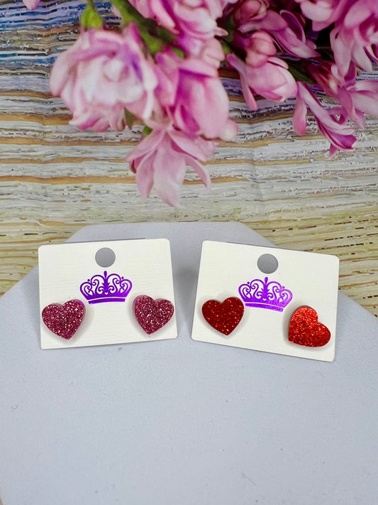 Small Glitter Heart Earrings in Pink or Red