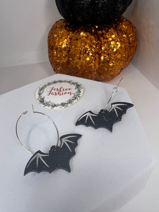Black Bat Dangle Earrings with White Detail