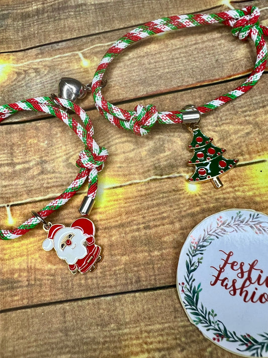 Set of 2 Cord Friendship Bracelets with Christmas Charms (assorted designs)