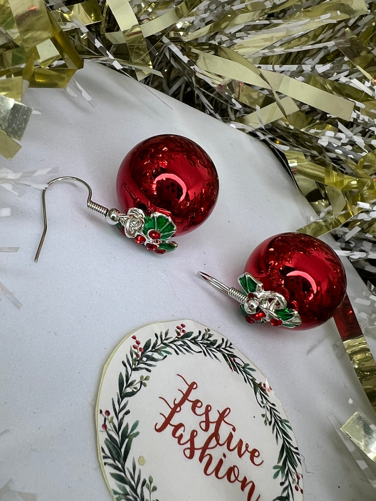 Red Bauble Dangle Earrings with Holly Design