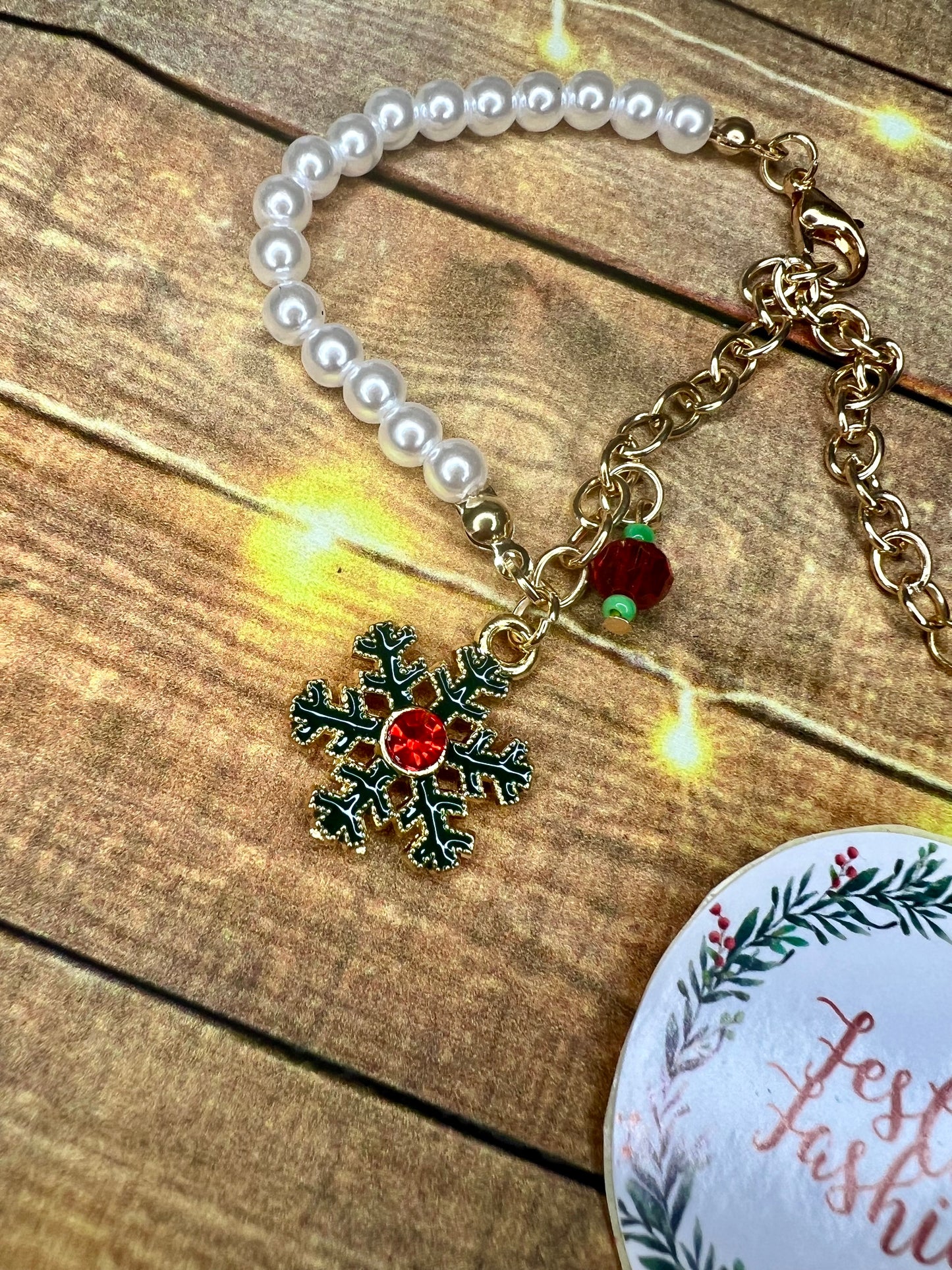 Half Pearl, Half Gold Bracelet with Christmas Charm (assorted designs)