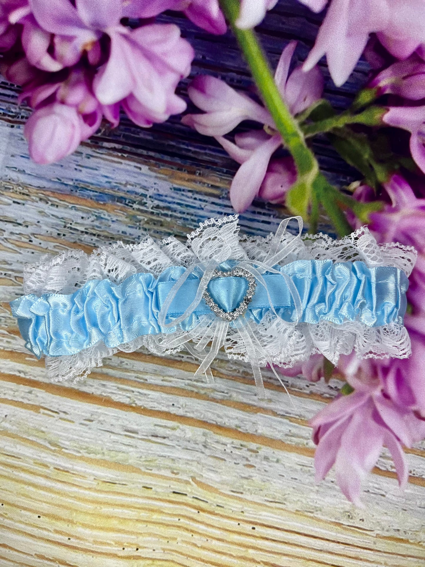 Lace & Satin Bridal Garter – Blue or White with Diamanté Heart