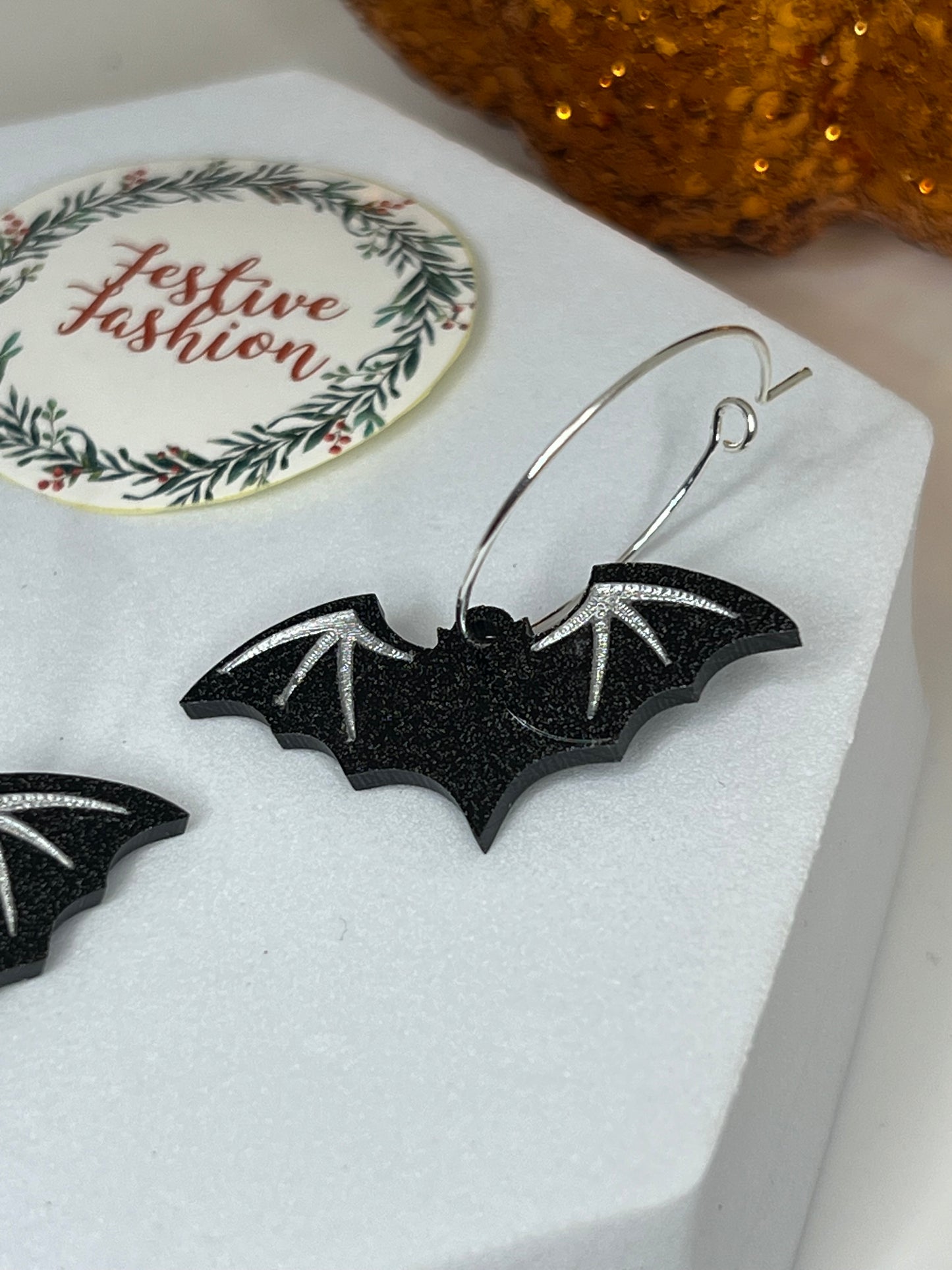 Black Bat Dangle Earrings with White Detail