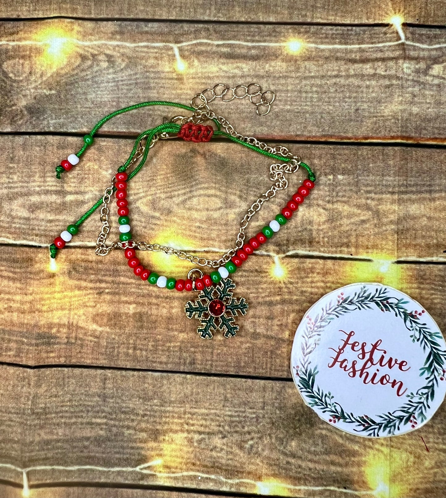 Dainty String & Beaded Friendship Bracelet with Christmas Charm (assorted designs)