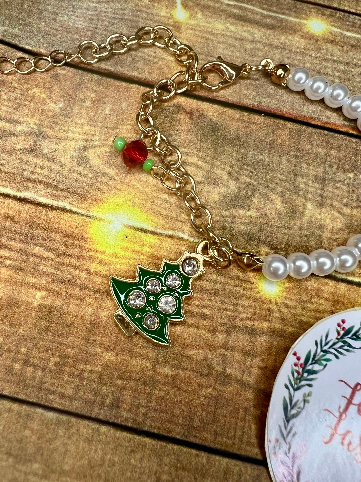 Half Pearl, Half Gold Bracelet with Christmas Charm (assorted designs)