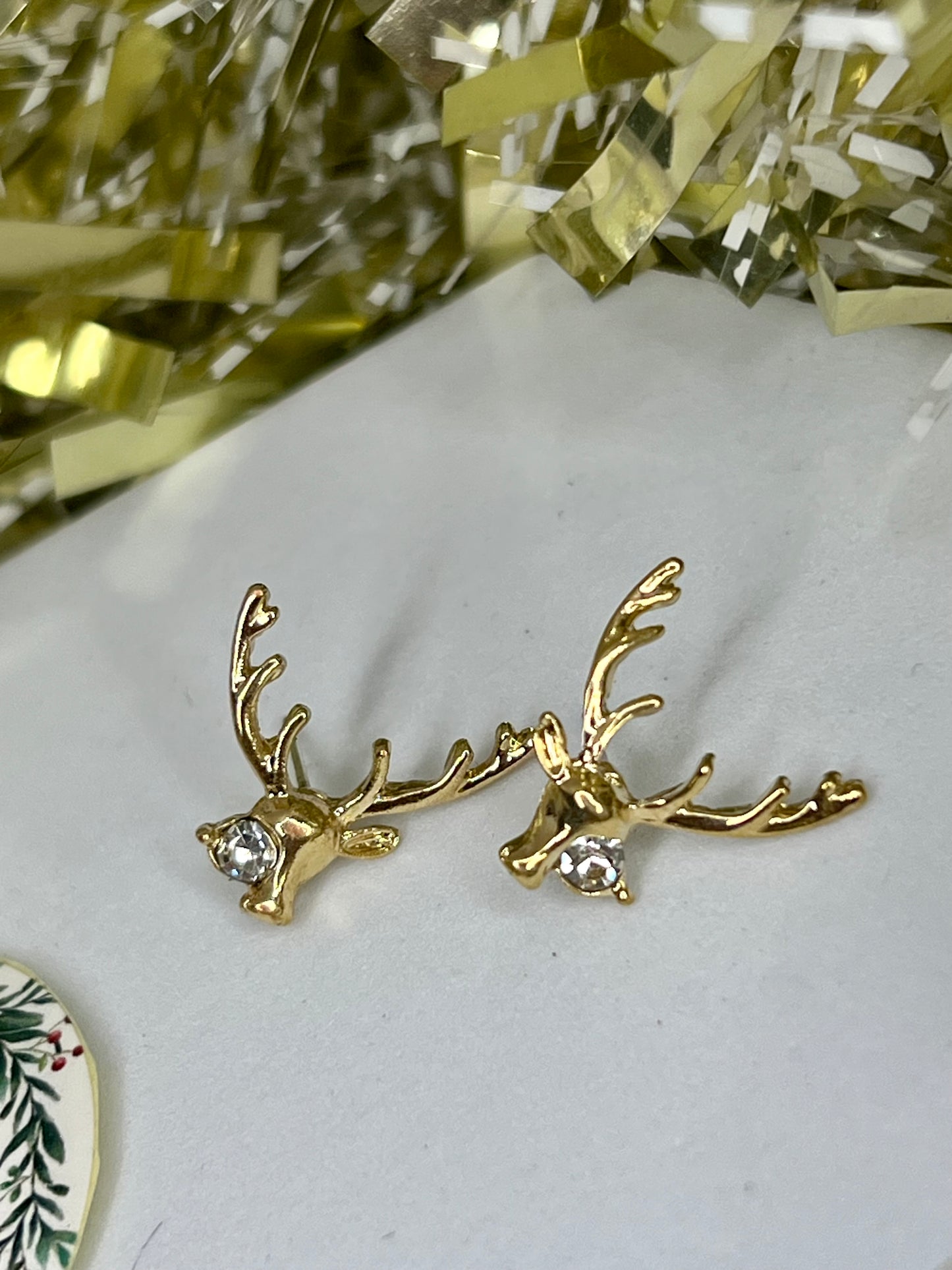 Gold & Diamanté Reindeer / Stag Stud Earrings