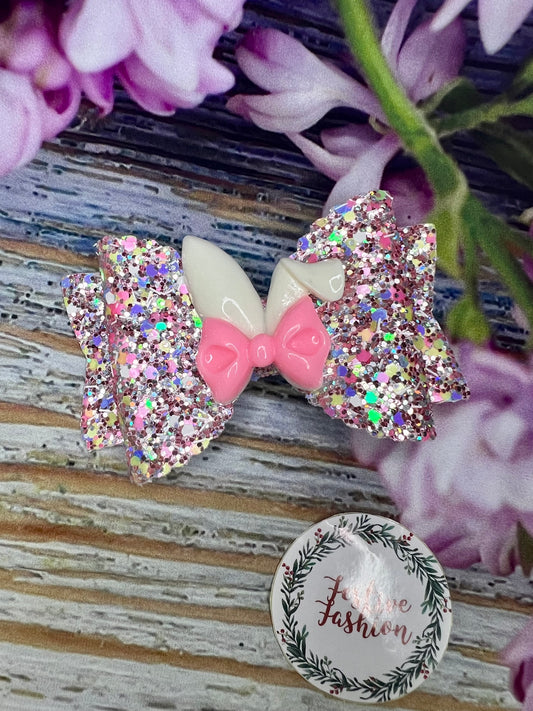 Glittery Bow Hair Clip with Rabbit Ears
