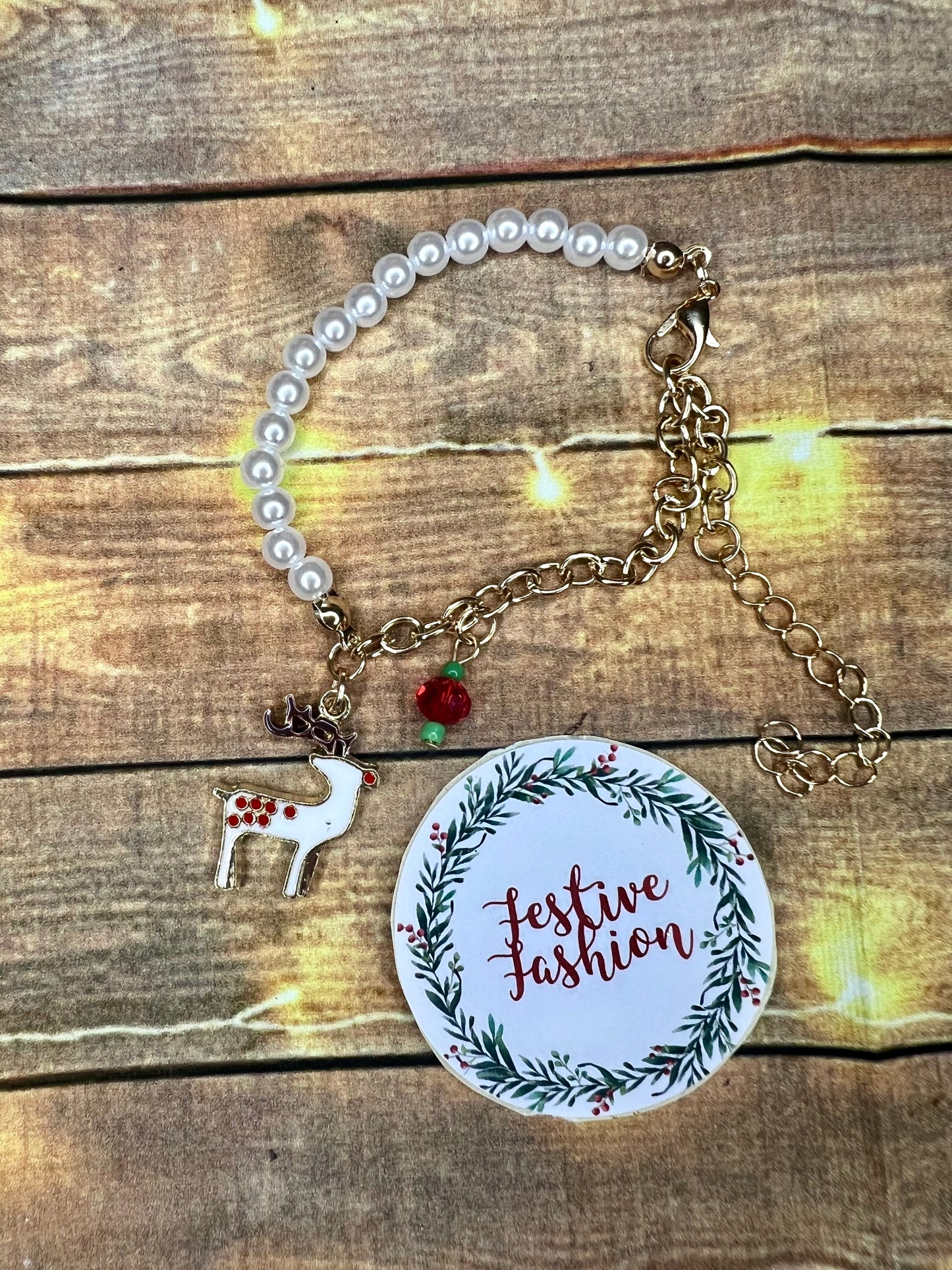 Half Pearl, Half Gold Bracelet with Christmas Charm (assorted designs)