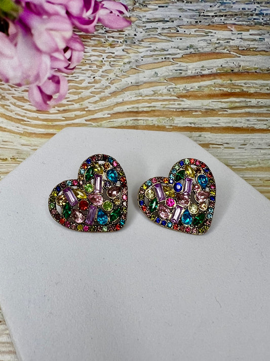 Large Heart Stud Earrings with Multicolour Diamantés