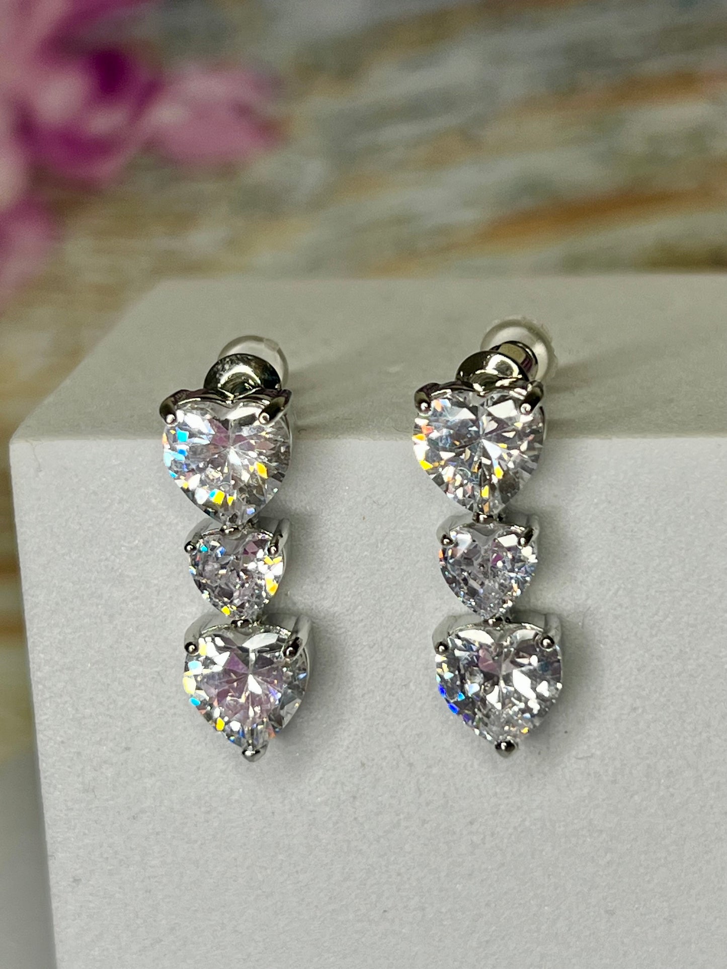 Three Heart Diamanté Drop Earrings