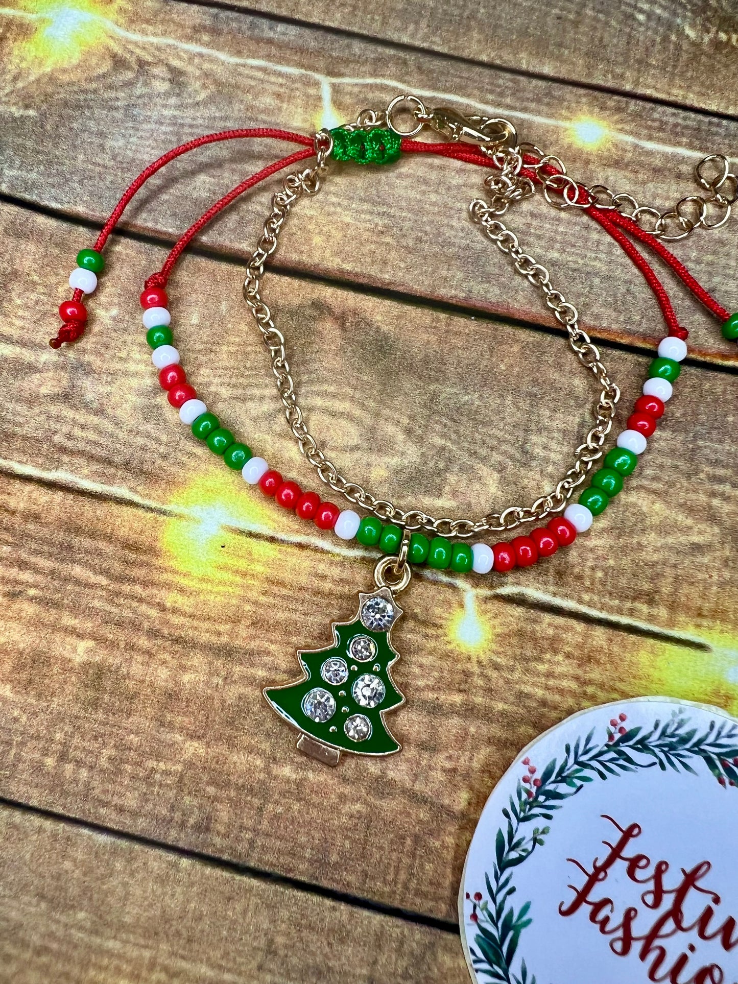 Dainty String & Beaded Friendship Bracelet with Christmas Charm (assorted designs)
