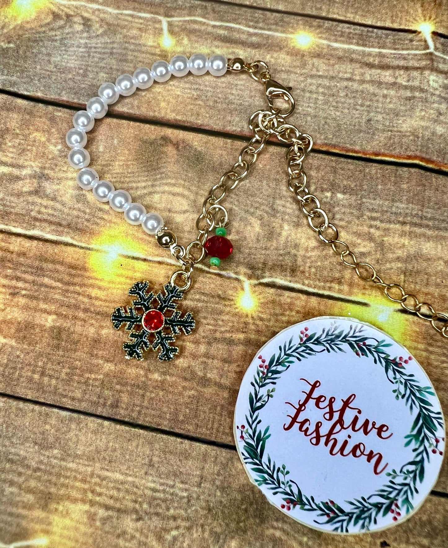 Half Pearl, Half Gold Bracelet with Christmas Charm (assorted designs)