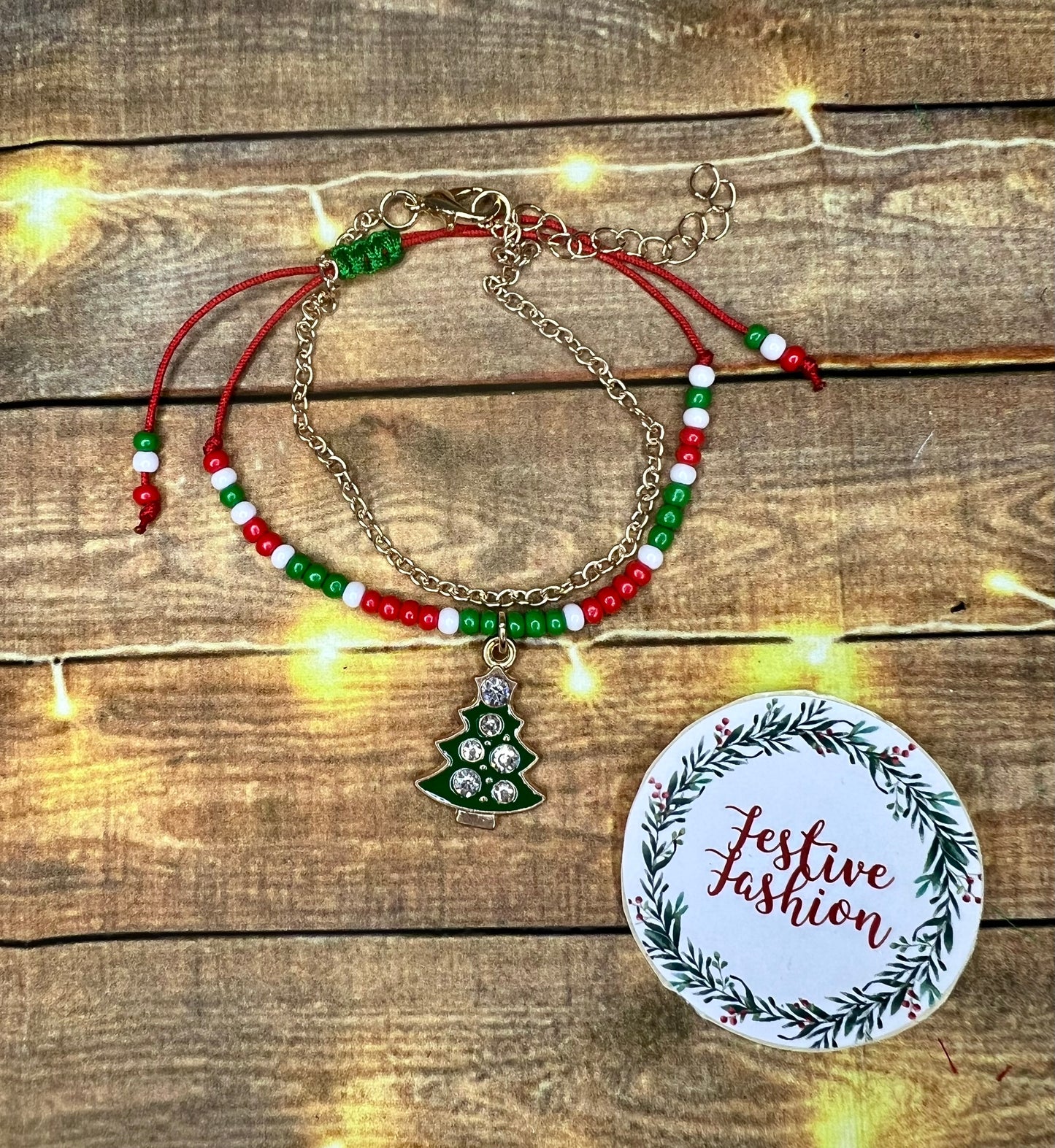 Dainty String & Beaded Friendship Bracelet with Christmas Charm (assorted designs)