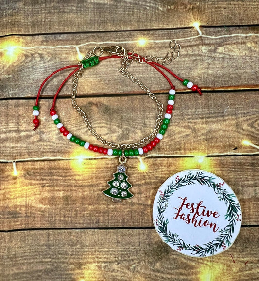 Dainty String & Beaded Friendship Bracelet with Christmas Charm (assorted designs)