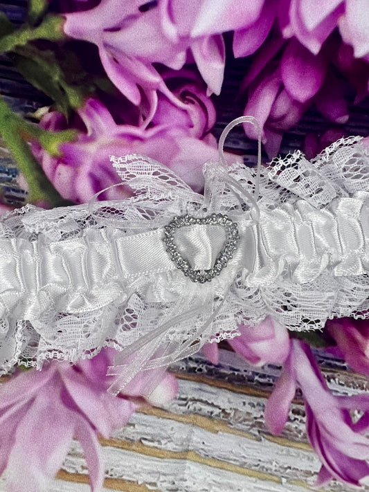Lace & Satin Bridal Garter – Blue or White with Diamanté Heart