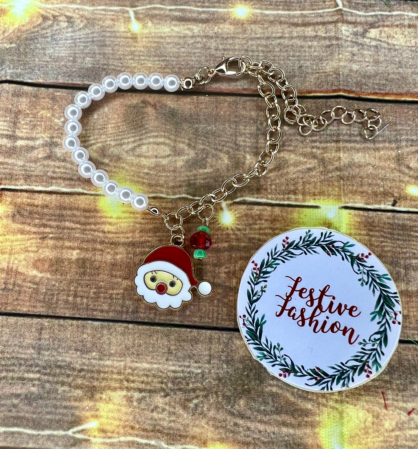 Half Pearl, Half Gold Bracelet with Christmas Charm (assorted designs)