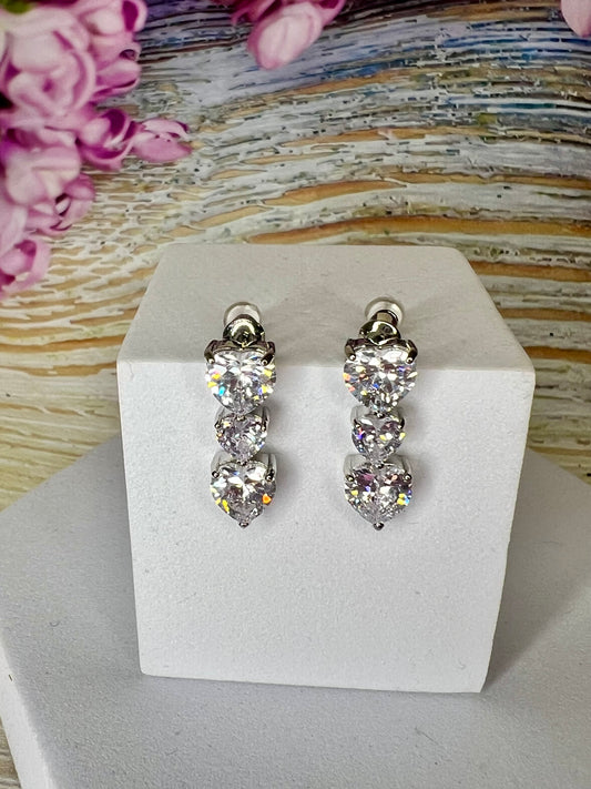 Three Heart Diamanté Drop Earrings