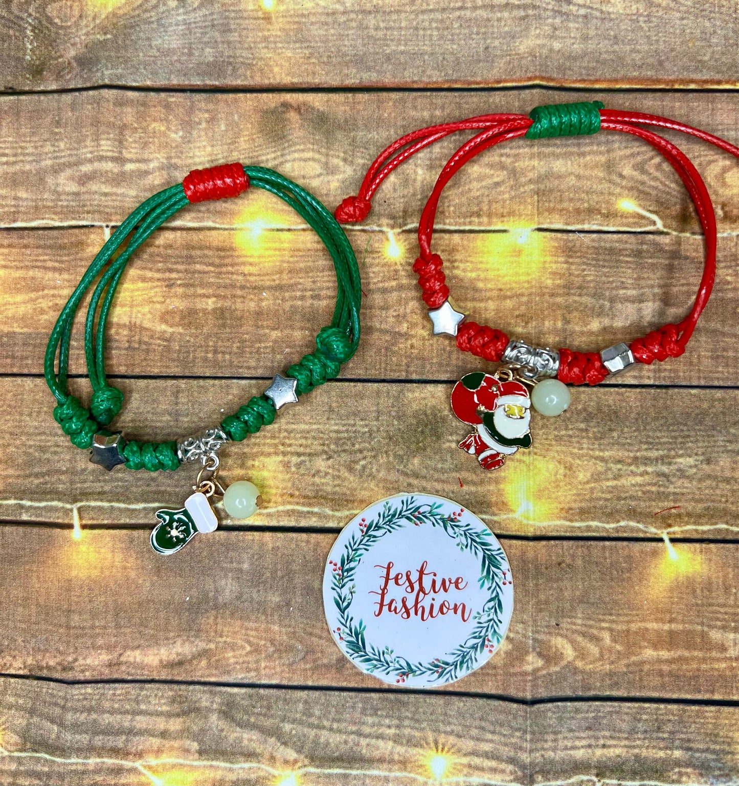 Set of 2 Red & Green Cord Christmas Charm Bracelets (assorted designs)