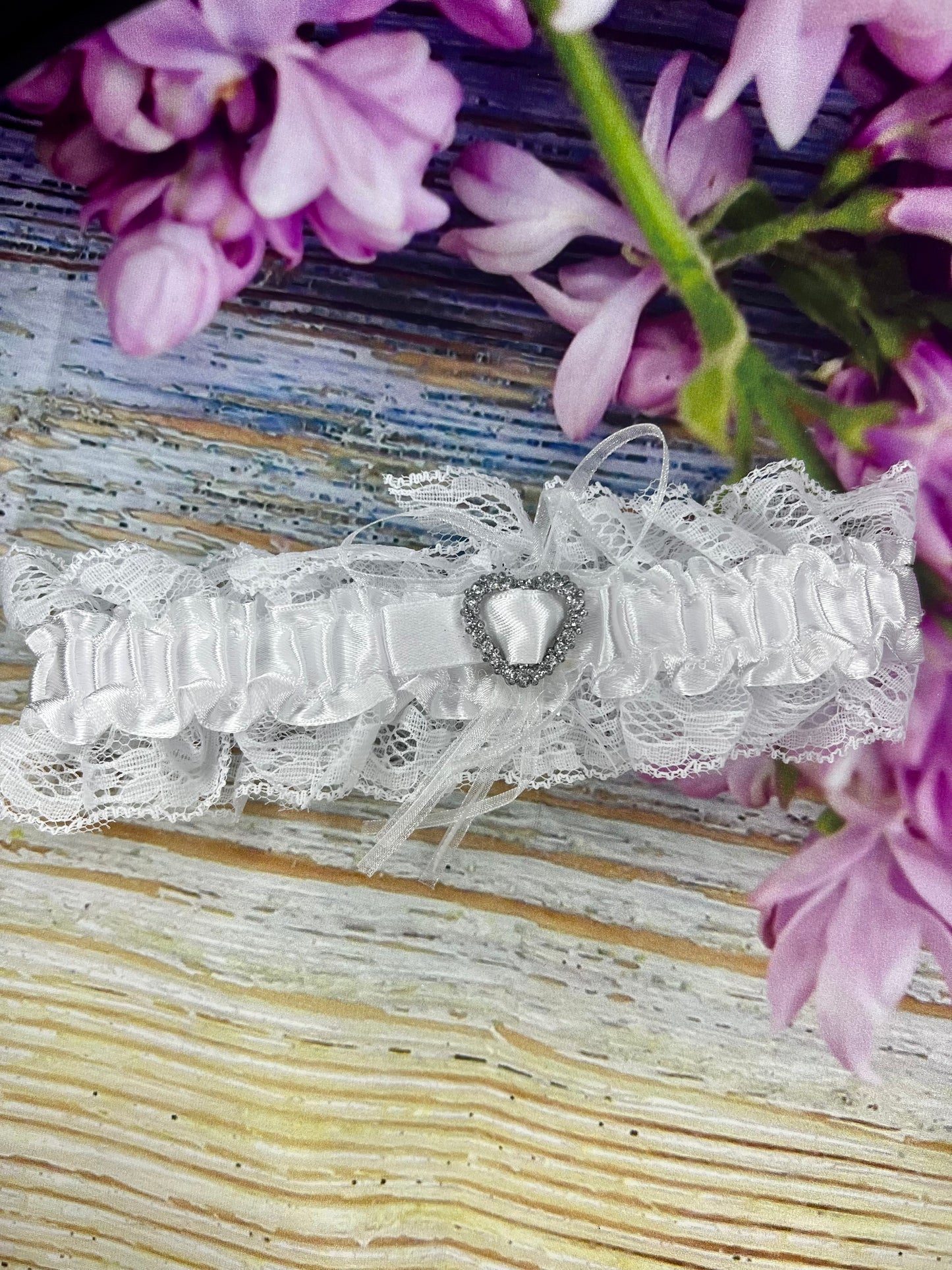 Lace & Satin Bridal Garter – Blue or White with Diamanté Heart