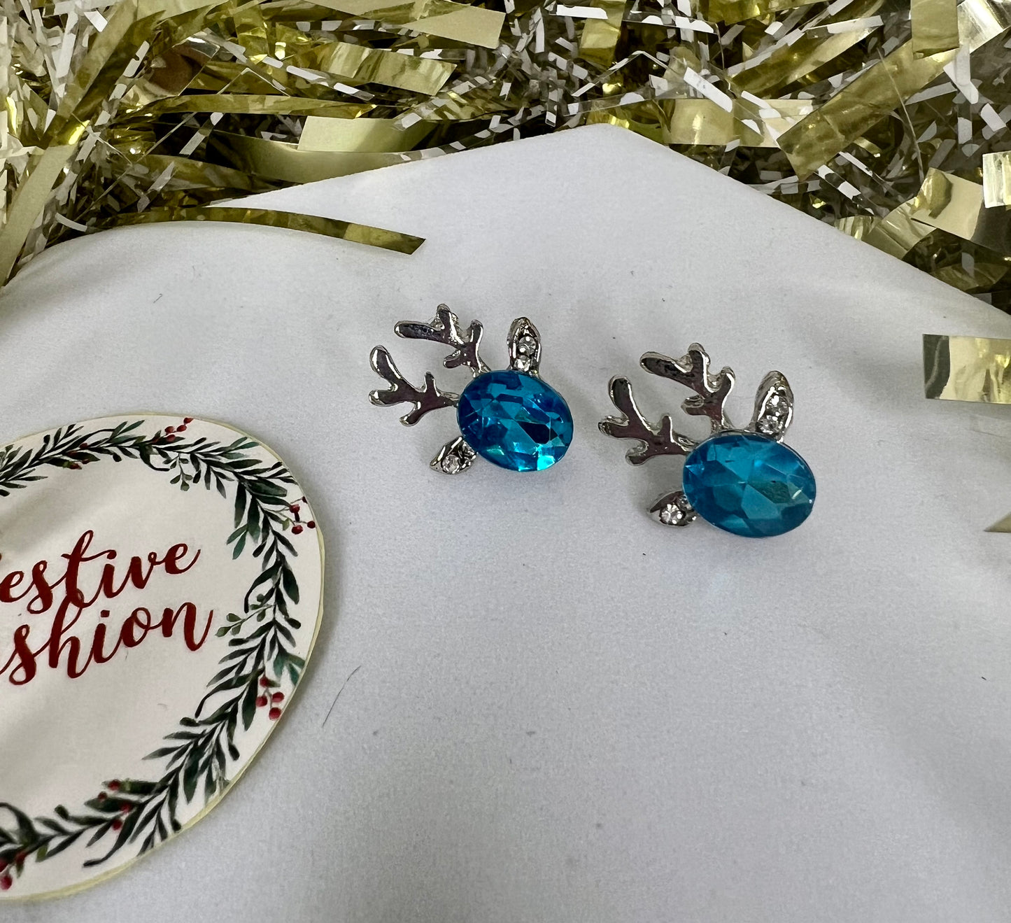 Reindeer Stud Earrings with Coloured Crystals (assorted colours)