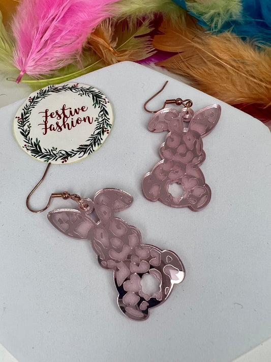 Pink Rabbit Earrings with Metallic Leopard Print