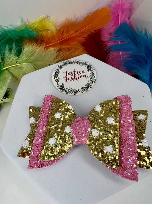 Glitter Bow Hair Clips – Gold & Pink