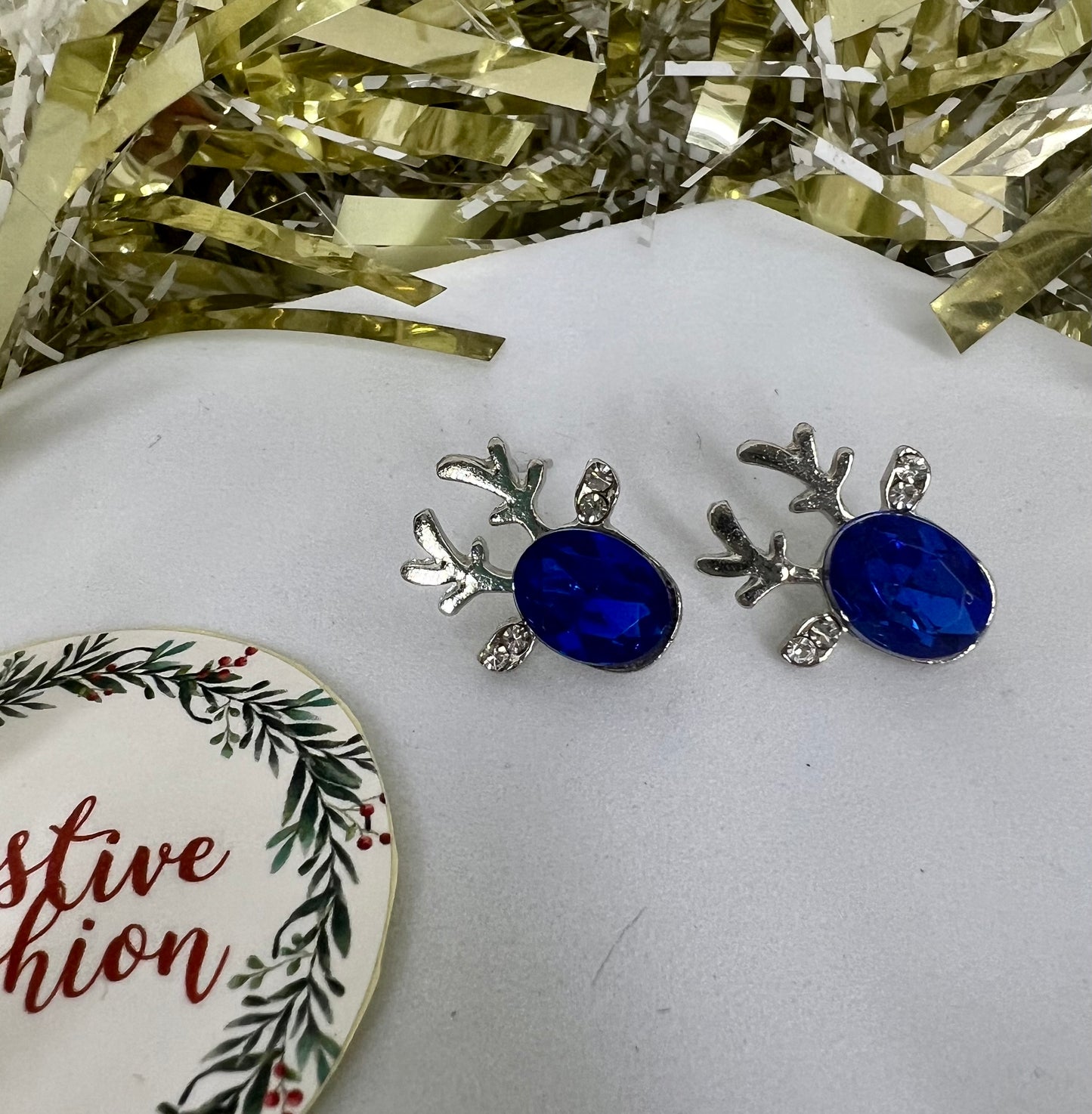 Reindeer Stud Earrings with Coloured Crystals (assorted colours)