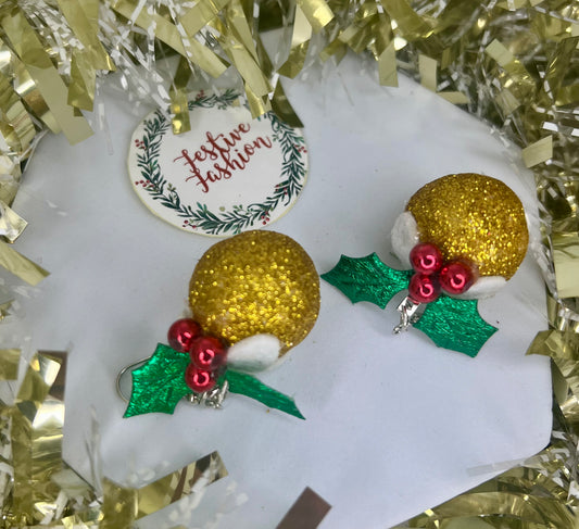 Glitter Bauble Earrings with Holly – Christmas Pudding Design - Assorted Colours