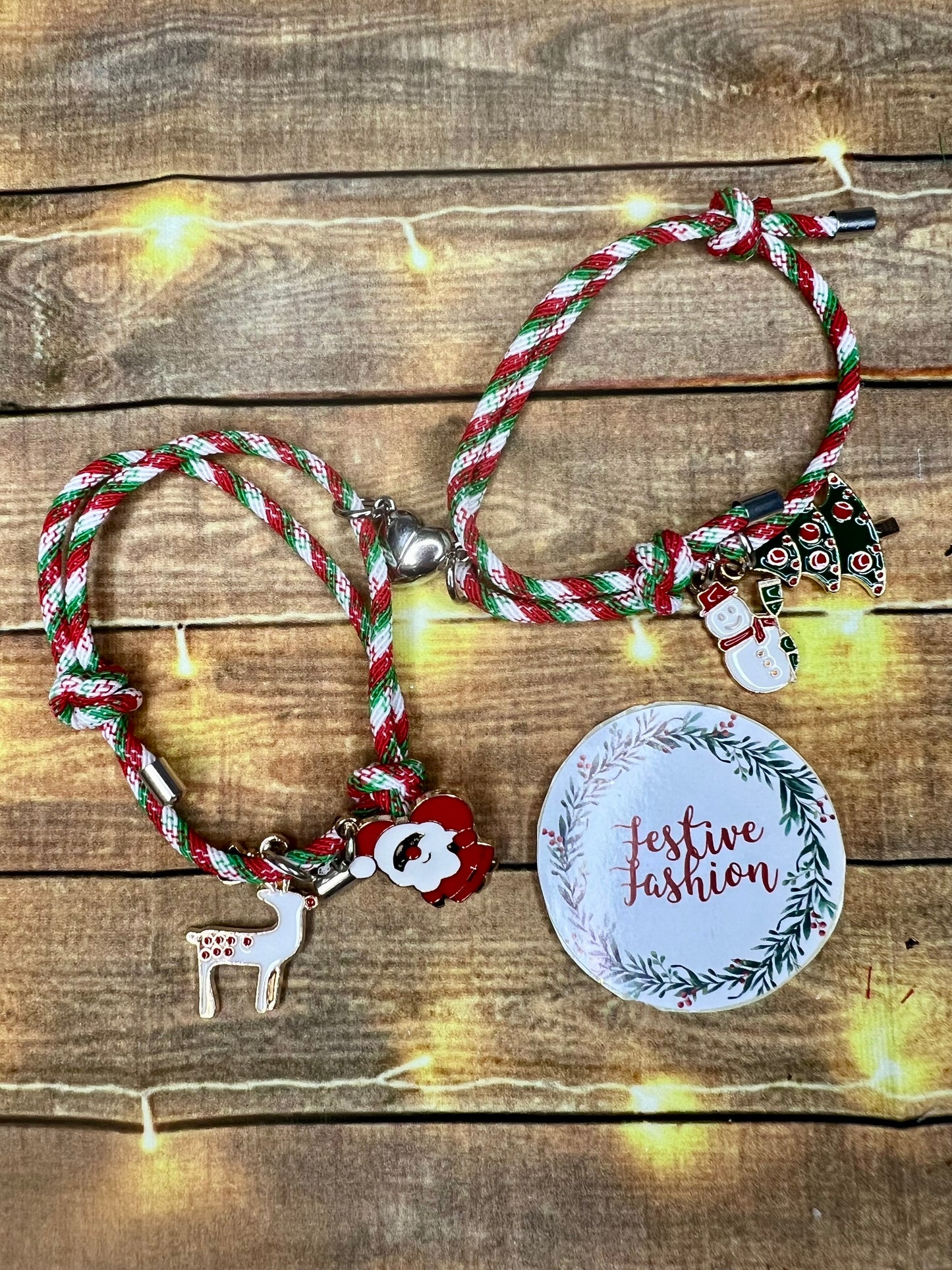 Set of 2 Cord Friendship Bracelets with Christmas Charms (assorted designs)