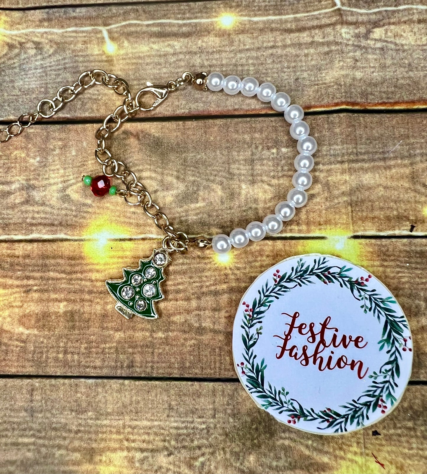 Half Pearl, Half Gold Bracelet with Christmas Charm (assorted designs)