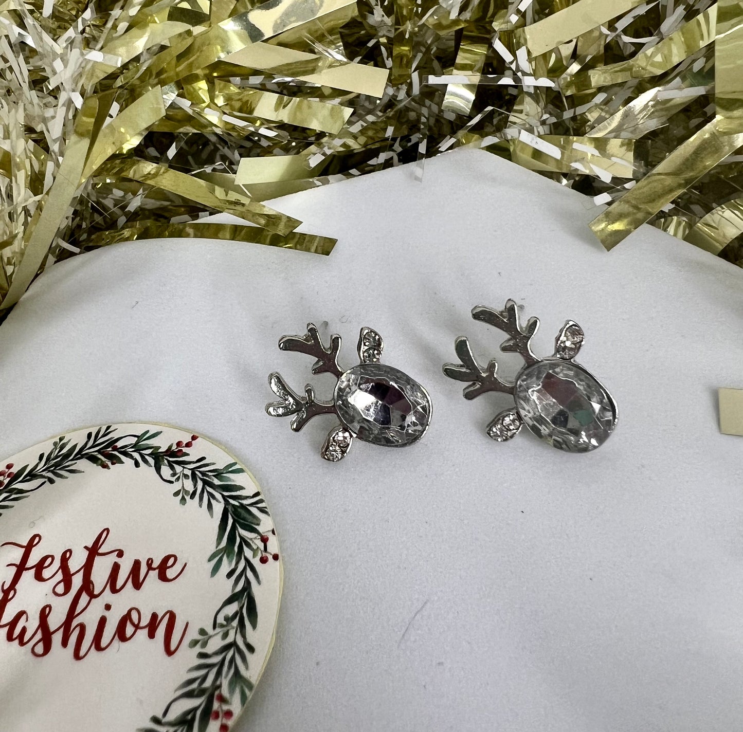 Reindeer Stud Earrings with Coloured Crystals (assorted colours)
