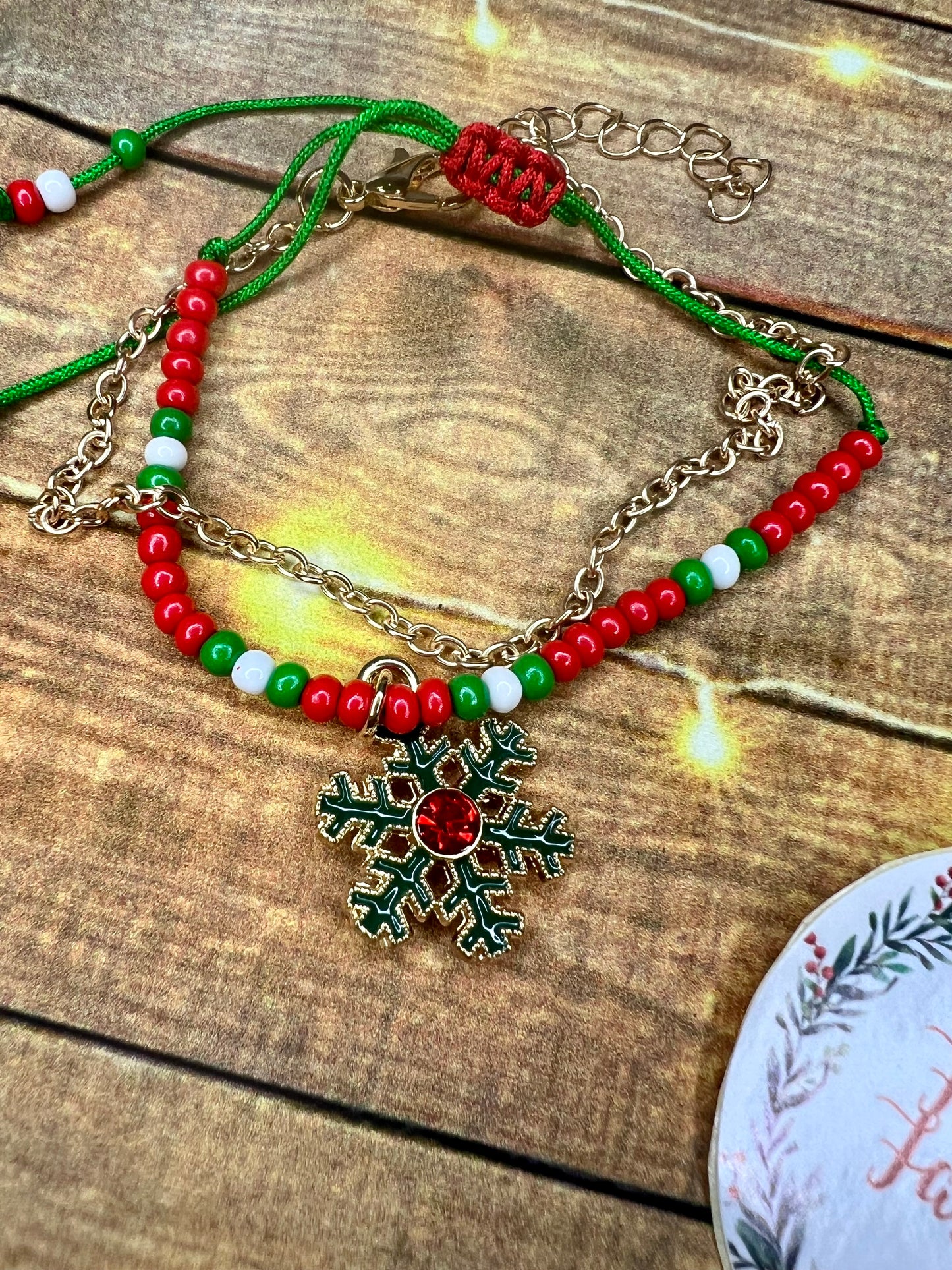 Dainty String & Beaded Friendship Bracelet with Christmas Charm (assorted designs)