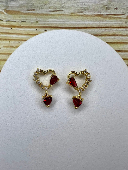 Dainty Gold Heart Stud Earrings with Red Crystals