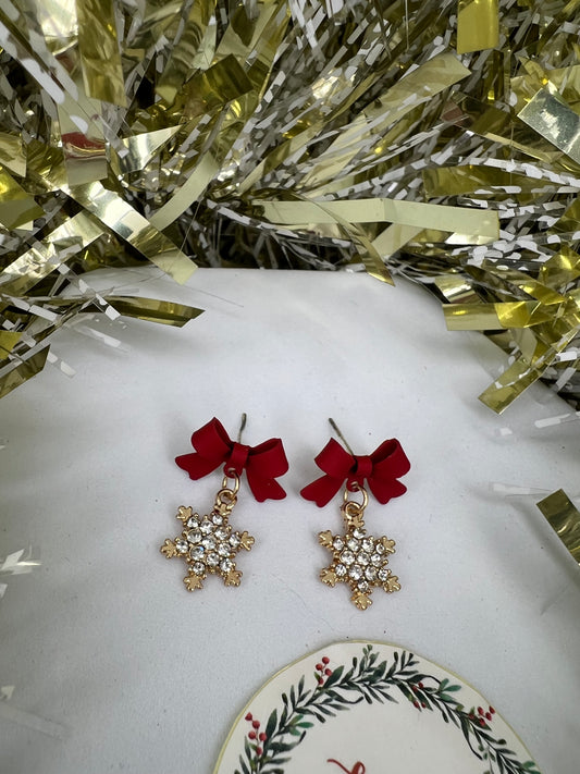 Red Bow Diamanté Snowflake Earrings
