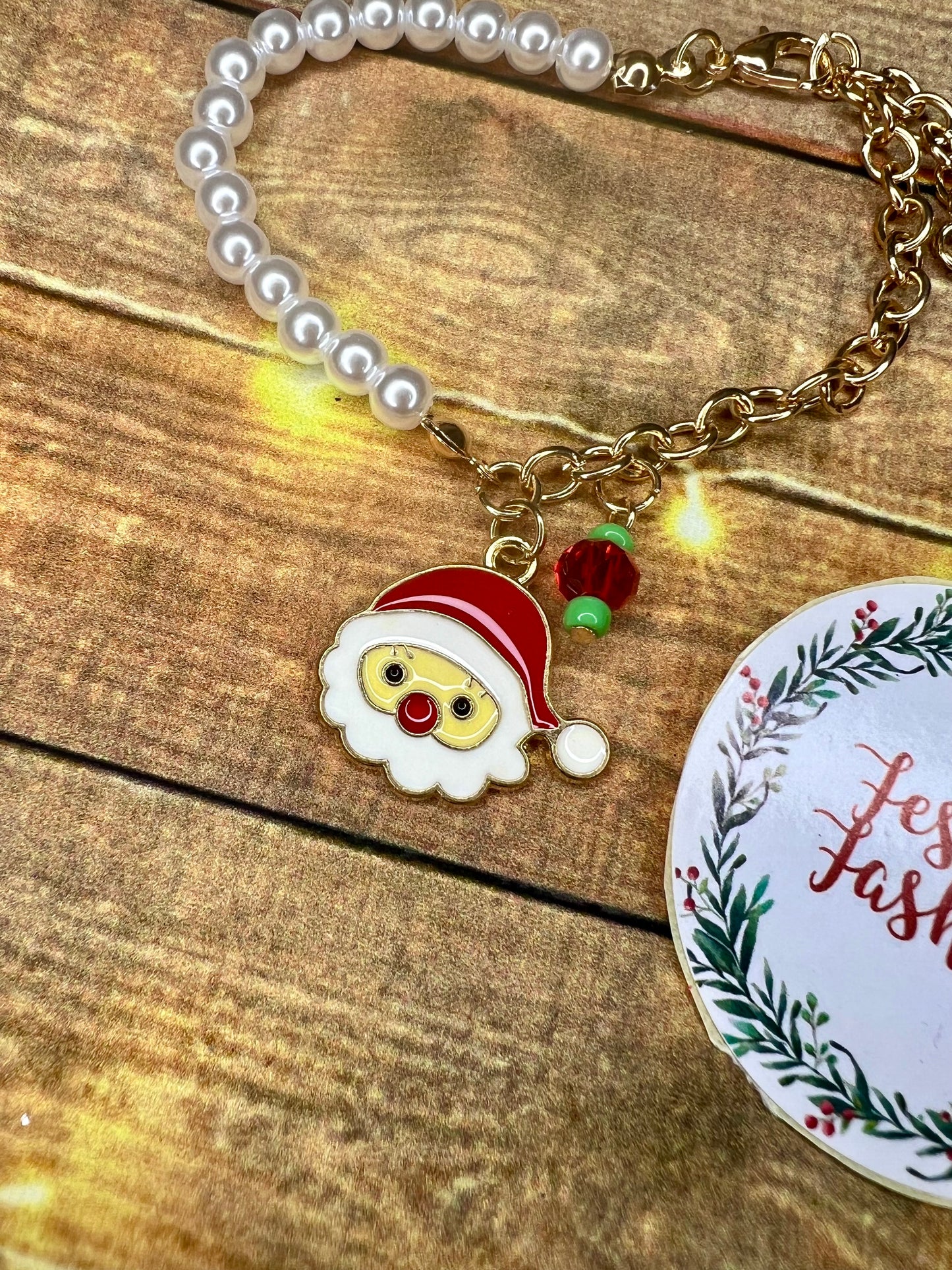 Half Pearl, Half Gold Bracelet with Christmas Charm (assorted designs)