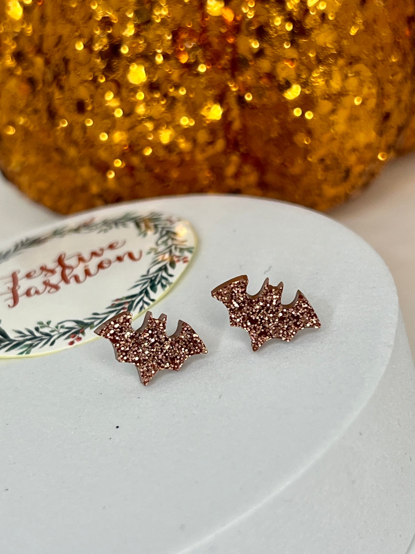 Bronze Glittery Bat Stud Earrings