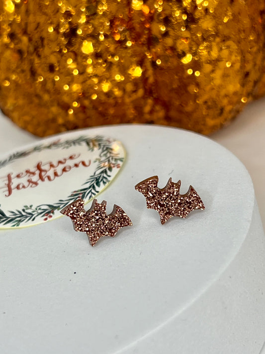 Bronze Glittery Bat Stud Earrings