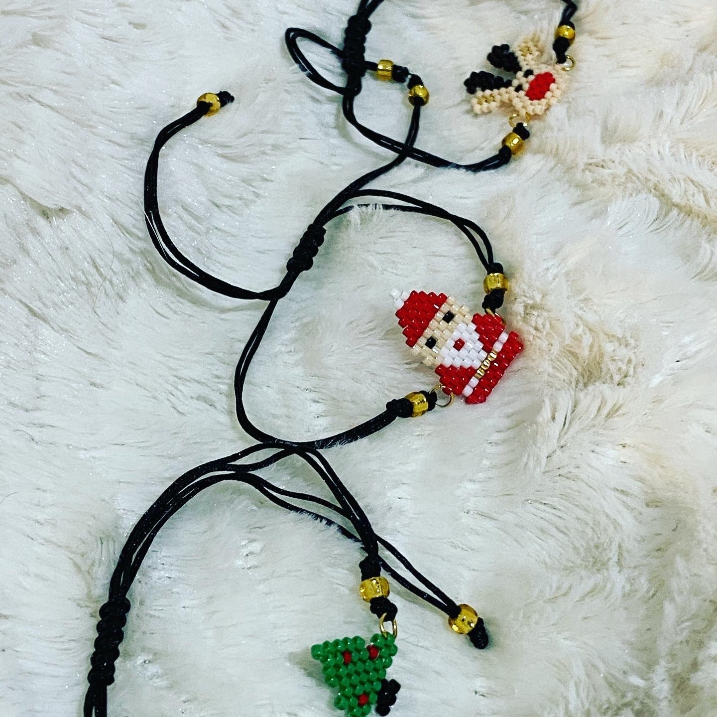 Black String Bracelet with Beaded Christmas Charm (assorted designs)