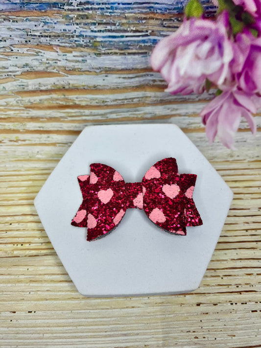 Glitter Bow Hair Clip with Pink Hearts