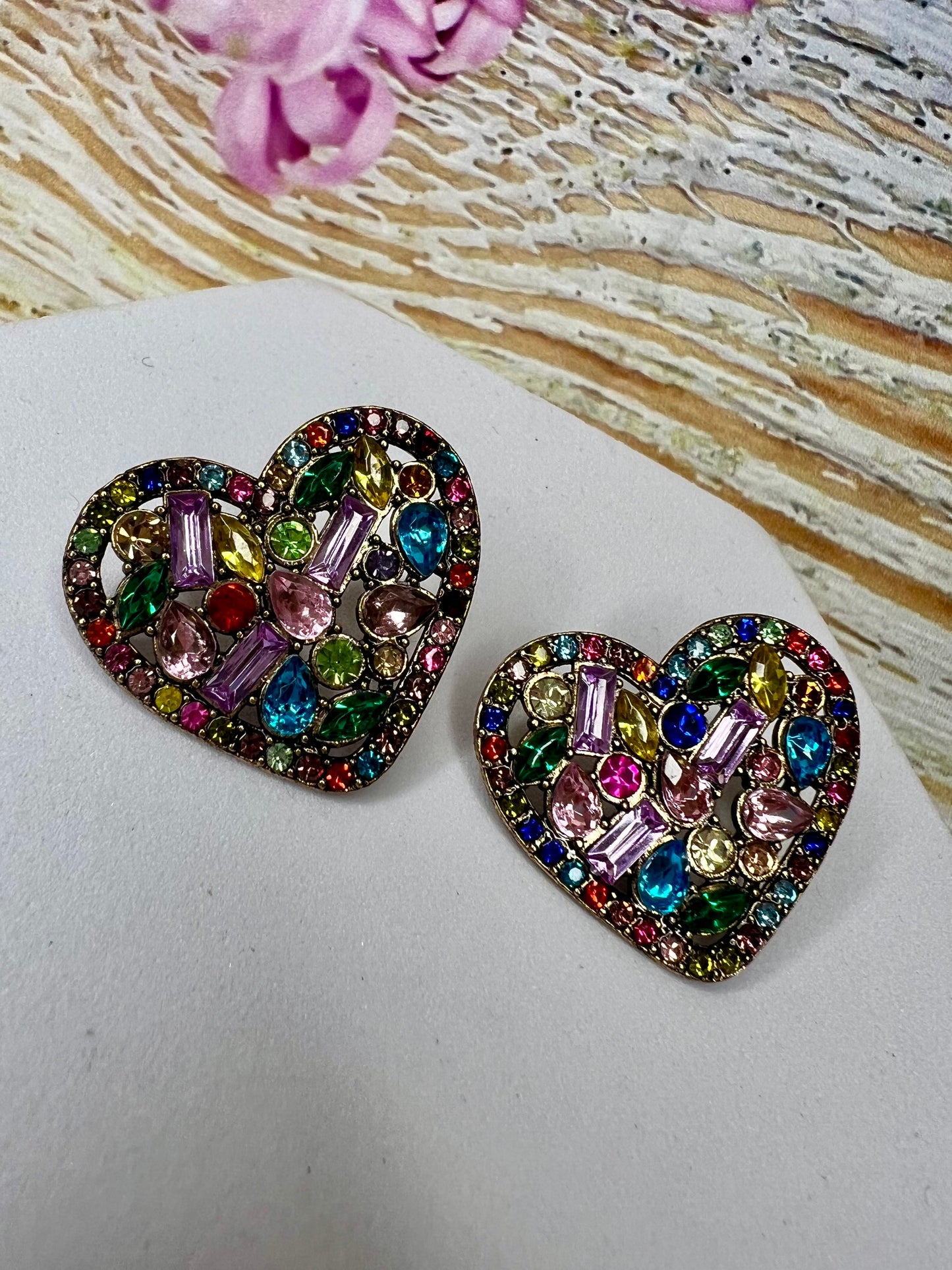 Large Heart Stud Earrings with Multicolour Diamantés