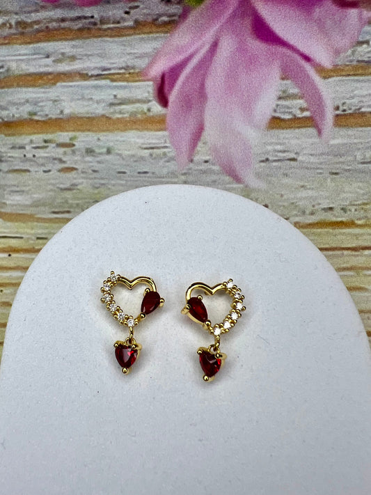 Dainty Gold Heart Stud Earrings with Red Crystals