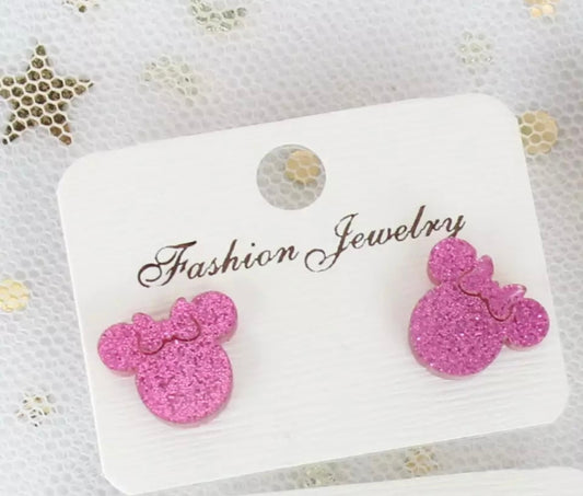 Pink Glittery Bow Stud Earrings